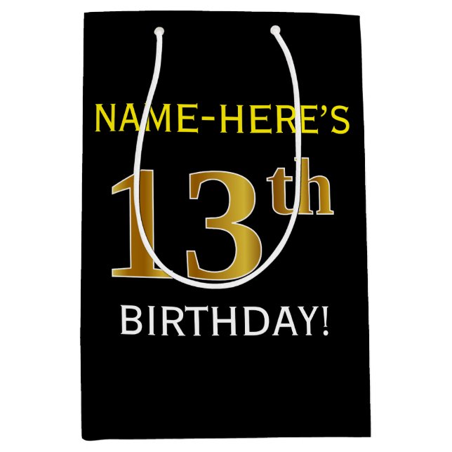 Black, Faux Gold 13th Birthday + Custom Name Medium Gift Bag (Front)
