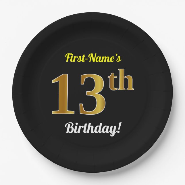Black, Faux Gold 13th Birthday + Custom Name Paper Plate (Front)