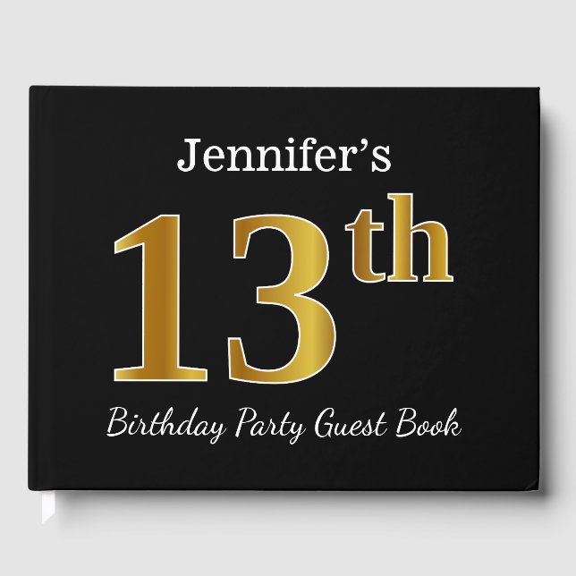 Black, Faux Gold 13th Birthday Party + Custom Name Guest Book (Front)