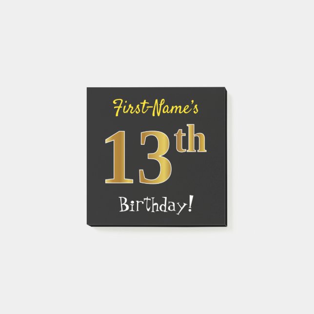 Black, Faux Gold 13th Birthday, With Custom Name Post-it Notes (Front)