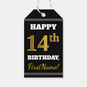Black, Faux Gold 14th Birthday + Custom Name Gift Tags