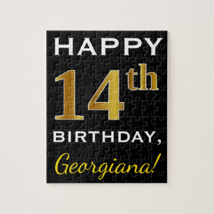 Black, Faux Gold 14th Birthday + Custom Name Jigsaw Puzzle