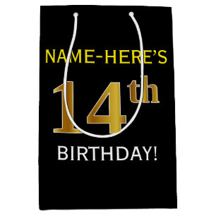 Black, Faux Gold 14th Birthday + Custom Name Medium Gift Bag