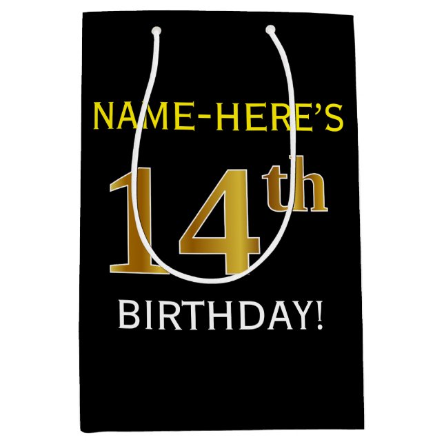Black, Faux Gold 14th Birthday + Custom Name Medium Gift Bag (Front)