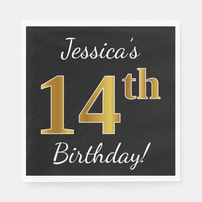 Black, Faux Gold 14th Birthday + Custom Name Napkin (Front)