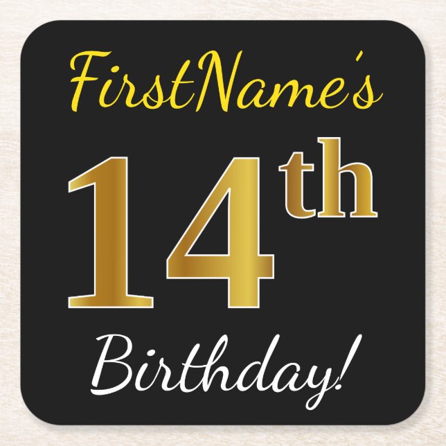 Black, Faux Gold 14th Birthday + Custom Name Square Paper Coaster (Front)