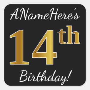 Black, Faux Gold 14th Birthday + Custom Name Square Sticker