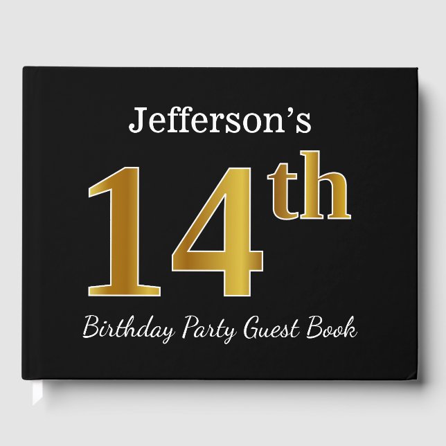 Black, Faux Gold 14th Birthday Party + Custom Name Guest Book (Front)