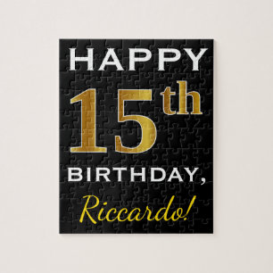 Black, Faux Gold 15th Birthday + Custom Name Jigsaw Puzzle