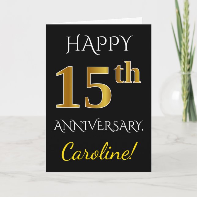 Black, Faux Gold 15th Wedding Anniversary + Name Card (Front)