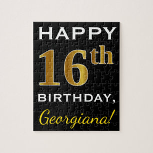 Black, Faux Gold 16th Birthday + Custom Name Jigsaw Puzzle