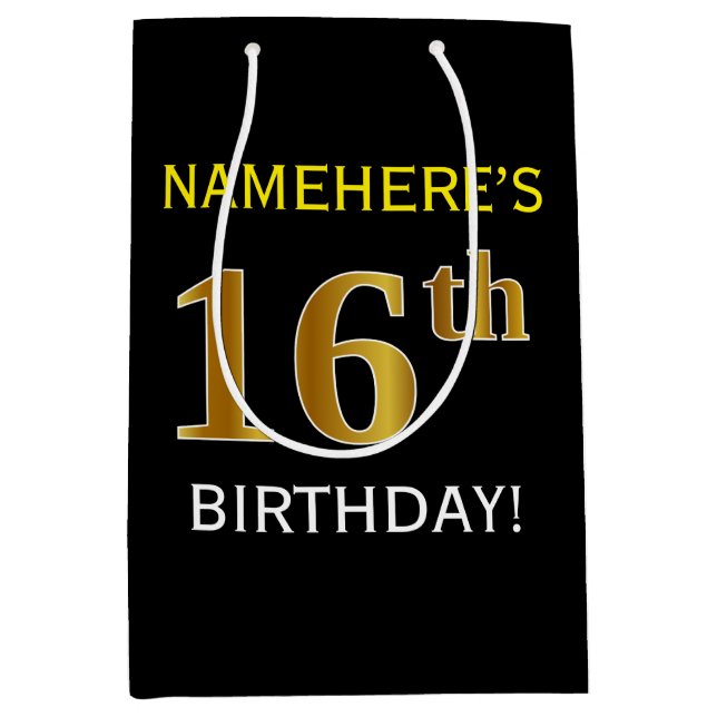 Black, Faux Gold 16th Birthday + Custom Name Medium Gift Bag (Front)