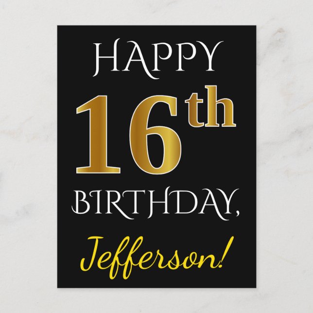 Black, Faux Gold 16th Birthday + Custom Name Postcard (Front)