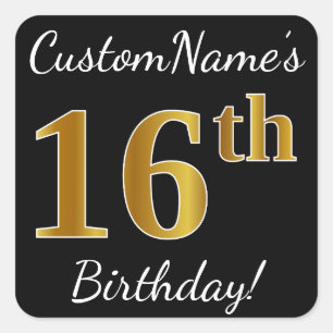 Black, Faux Gold 16th Birthday + Custom Name Square Sticker
