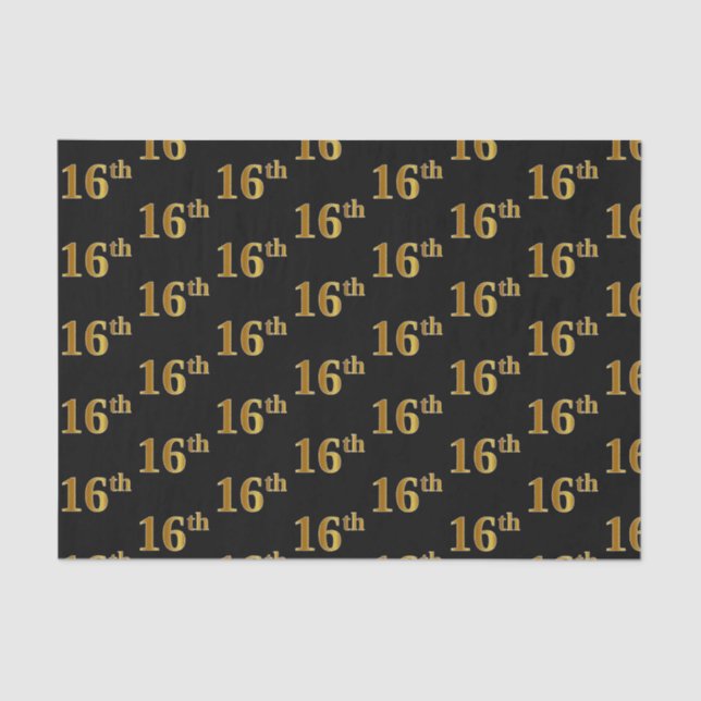 Black, Faux Gold 16th (Sixteenth) Event Tissue Paper (Front)