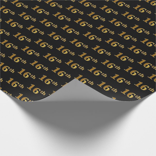 Black, Faux Gold 16th (Sixteenth) Event Wrapping Paper (Corner)