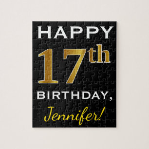 Black, Faux Gold 17th Birthday + Custom Name Jigsaw Puzzle