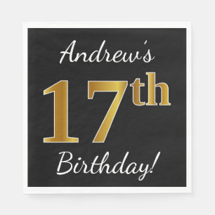 Black, Faux Gold 17th Birthday + Custom Name Napkin