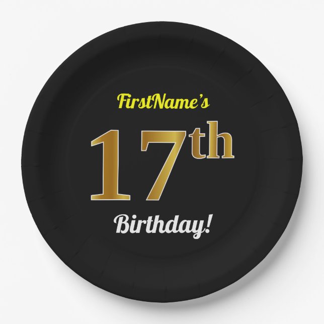 Black, Faux Gold 17th Birthday + Custom Name Paper Plate (Front)