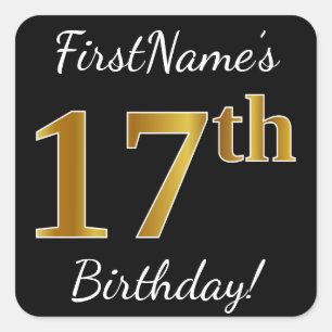 Black, Faux Gold 17th Birthday + Custom Name Square Sticker