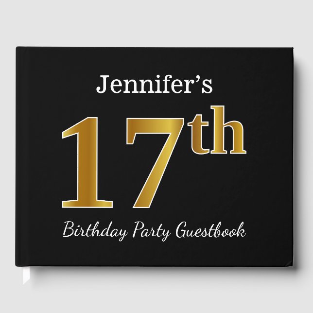 Black, Faux Gold 17th Birthday Party + Custom Name Guest Book (Front)