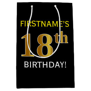 Black, Faux Gold 18th Birthday + Custom Name Medium Gift Bag