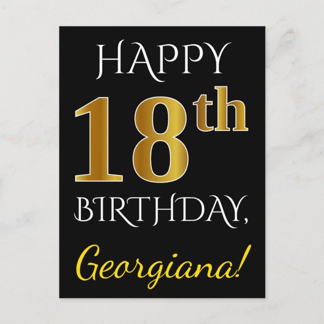 Black, Faux Gold 18th Birthday + Custom Name Postcard (Front)