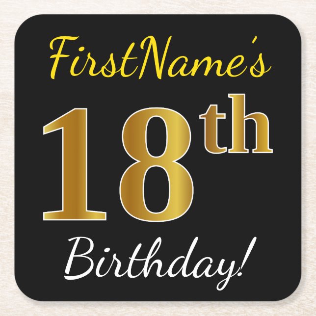 Black, Faux Gold 18th Birthday + Custom Name Square Paper Coaster (Front)