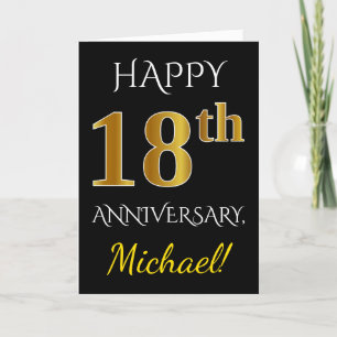 Black, Faux Gold 18th Wedding Anniversary + Name Card