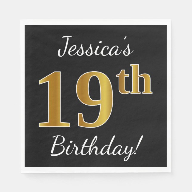 Black, Faux Gold 19th Birthday + Custom Name Napkin (Front)