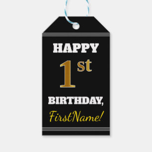 Black, Faux Gold 1st Birthday + Custom Name Gift Tags