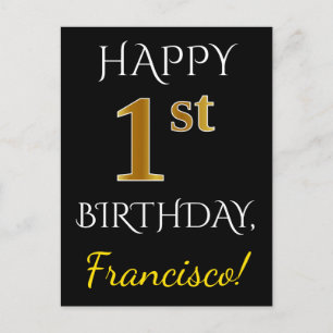 Black, Faux Gold 1st Birthday + Custom Name Postcard