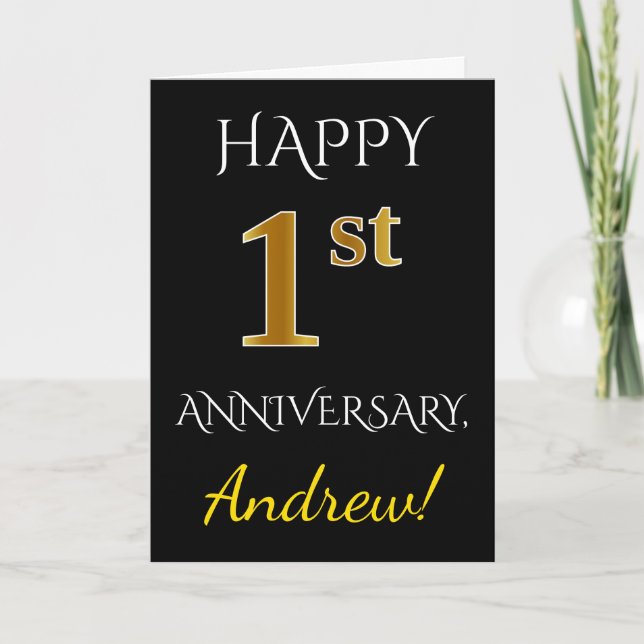 Black, Faux Gold 1st Wedding Anniversary + Name Card (Front)