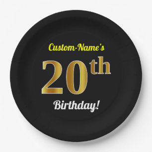 Black, Faux Gold 20th Birthday + Custom Name Paper Plate