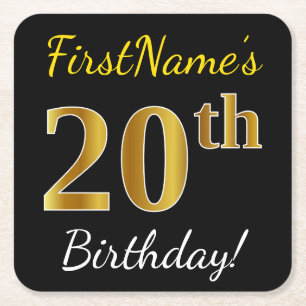Black, Faux Gold 20th Birthday + Custom Name Square Paper Coaster