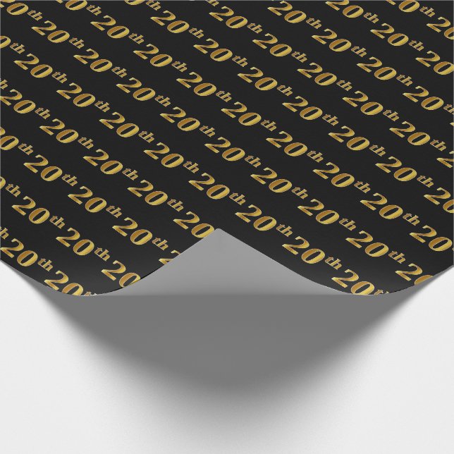 Black, Faux Gold 20th (Twentieth) Event Wrapping Paper (Corner)
