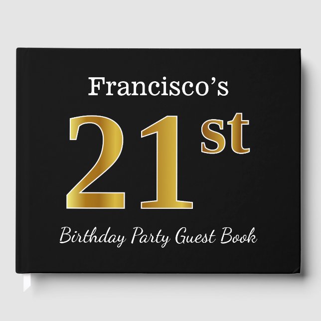 Black, Faux Gold 21st Birthday Party + Custom Name Guest Book (Front)