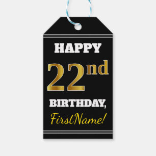 Black, Faux Gold 22nd Birthday + Custom Name Gift Tags
