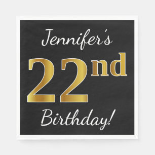 Black, Faux Gold 22nd Birthday + Custom Name Napkin