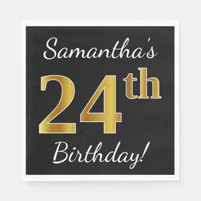 Black, Faux Gold 24th Birthday + Custom Name Napkin (Front)