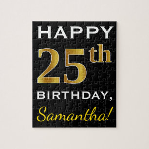 Black, Faux Gold 25th Birthday + Custom Name Jigsaw Puzzle