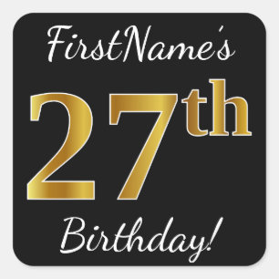 Black, Faux Gold 27th Birthday + Custom Name Square Sticker