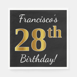 Black, Faux Gold 28th Birthday + Custom Name Napkin