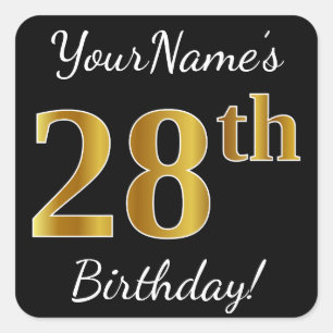 Black, Faux Gold 28th Birthday + Custom Name Square Sticker