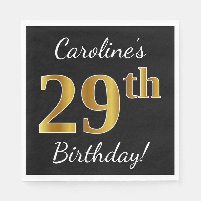 Black, Faux Gold 29th Birthday + Custom Name Napkin (Front)