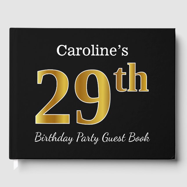 Black, Faux Gold 29th Birthday Party + Custom Name Guest Book (Front)