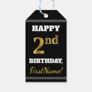 Black, Faux Gold 2nd Birthday + Custom Name Gift Tags