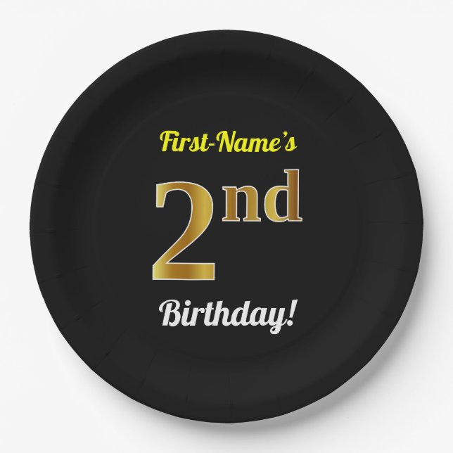 Black, Faux Gold 2nd Birthday + Custom Name Paper Plate (Front)
