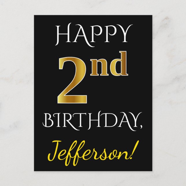 Black, Faux Gold 2nd Birthday + Custom Name Postcard (Front)