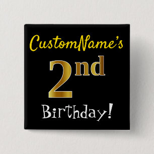 Black, Faux Gold 2nd Birthday, With Custom Name 15 Cm Square Badge
